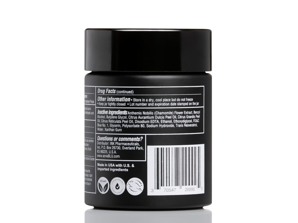 Acne BLU black glass jar containing 90 acne and blemish medicated pads showing bar code and vegan, hypoallergenic and Leaping Bunny certificates