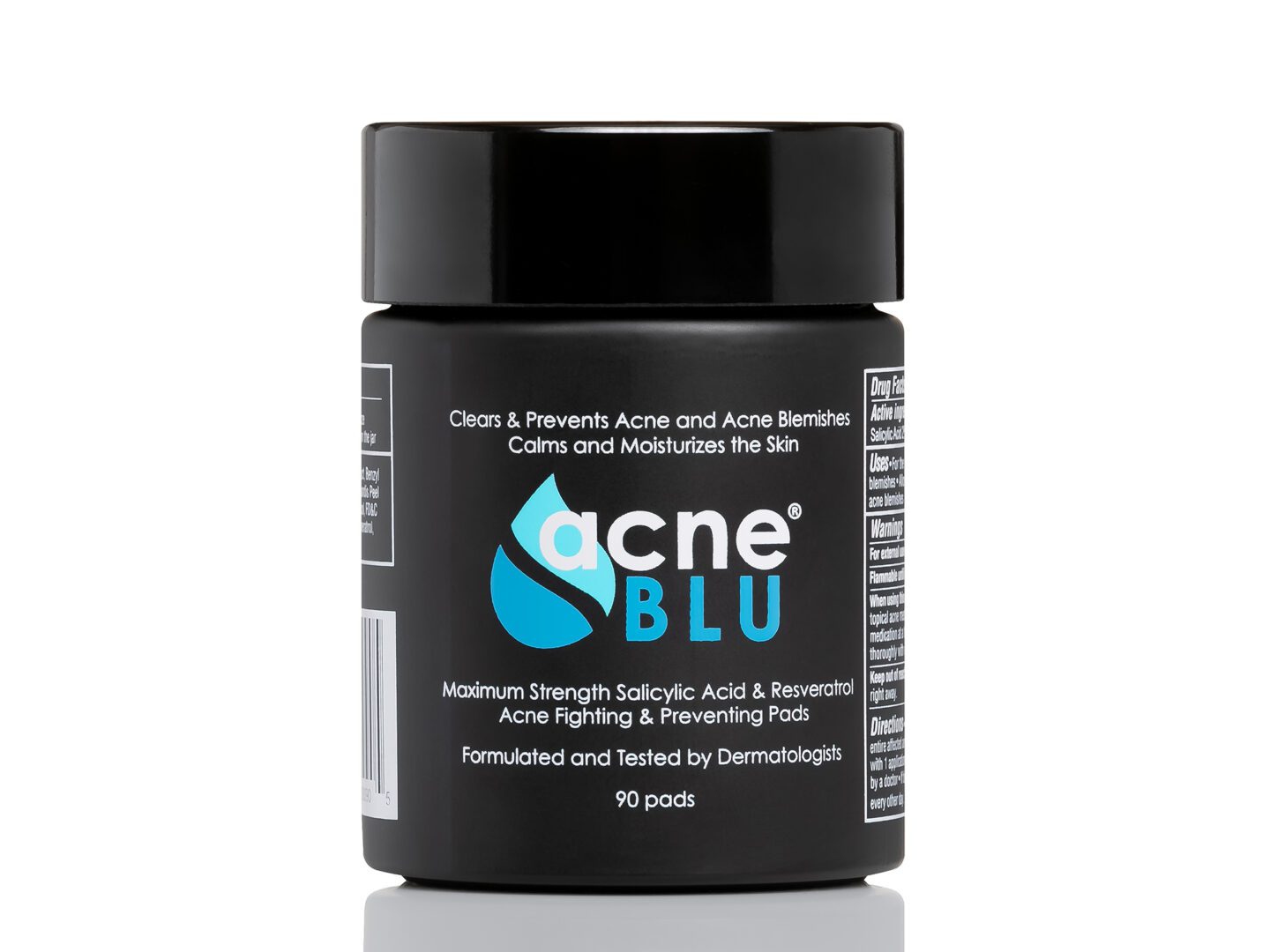Acne BLU black glass jar front with 90 acne and blemish medicated pads or wipes